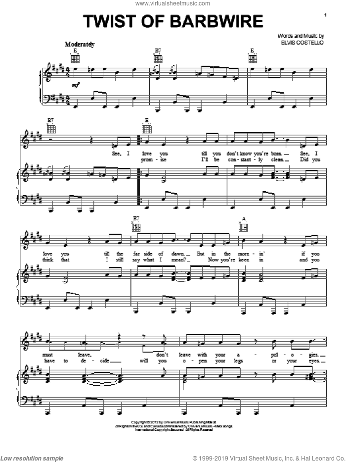 Twist Of Barbwire sheet music for voice, piano or guitar by Jonathan Jackson, Elvis Costello and Nashville (TV Show), intermediate skill level