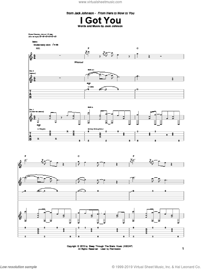 I Got You sheet music for guitar (tablature) by Jack Johnson, intermediate skill level