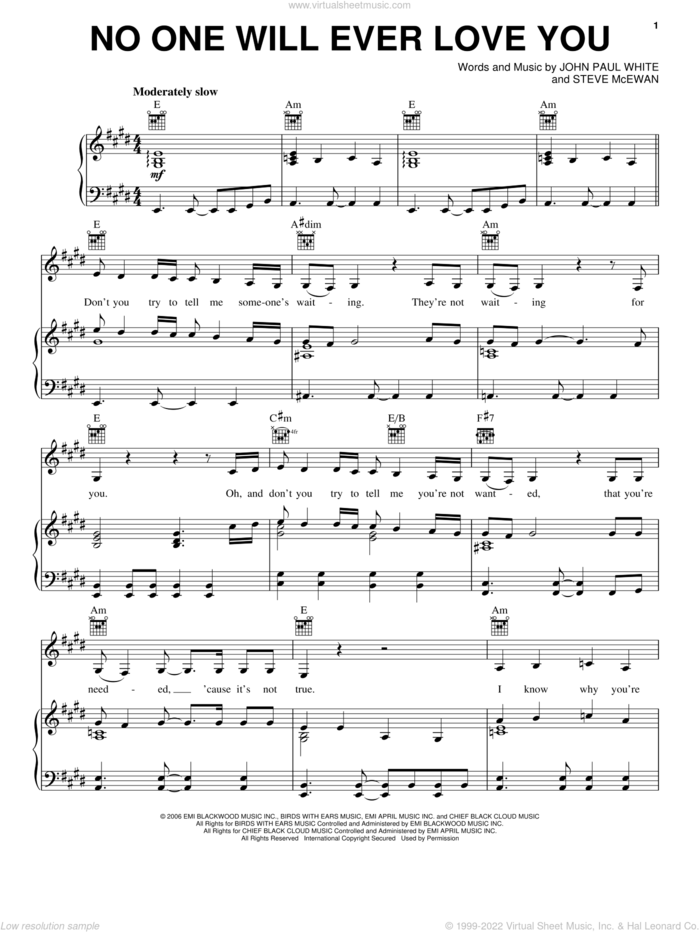 No One Will Ever Love You sheet music for voice, piano or guitar by Connie Britton and Charles Esten and Nashville (TV Show), intermediate skill level