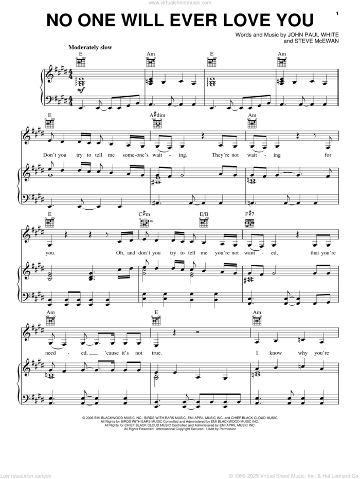 No One Will Ever Love You sheet music for voice, piano or guitar by Connie Britton and Charles Esten and Nashville (TV Show), intermediate skill level