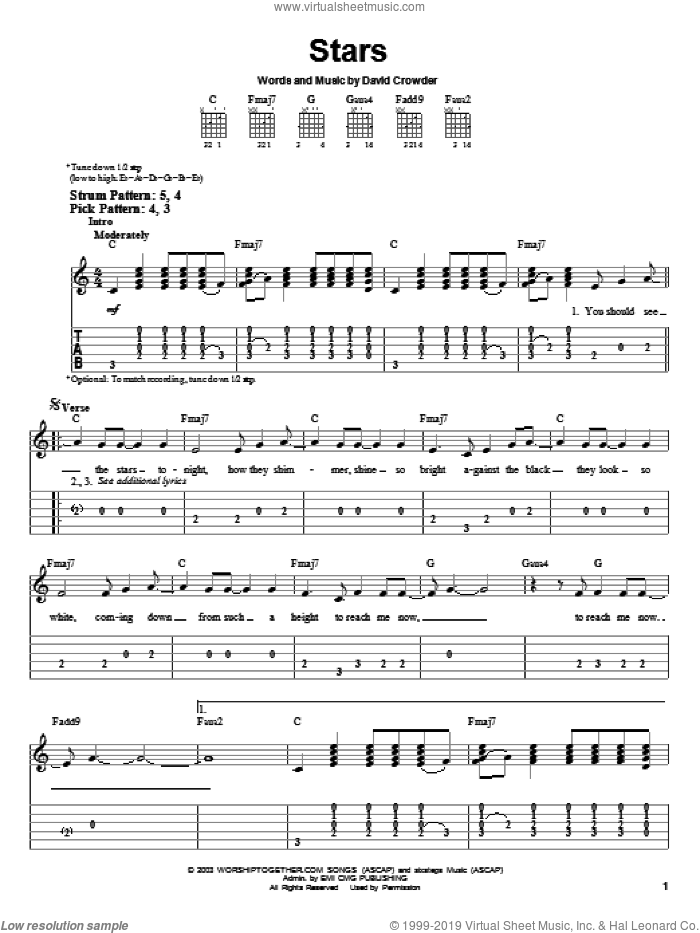 Stars sheet music for guitar solo (easy tablature) by David Crowder Band and David Crowder, easy guitar (easy tablature)