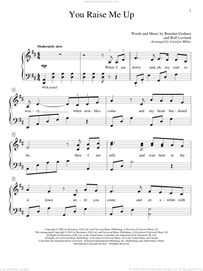 You Raise Me Up sheet music for piano solo (elementary) by Josh Groban, Brendan Graham and Carolyn Miller, wedding score, beginner piano (elementary)