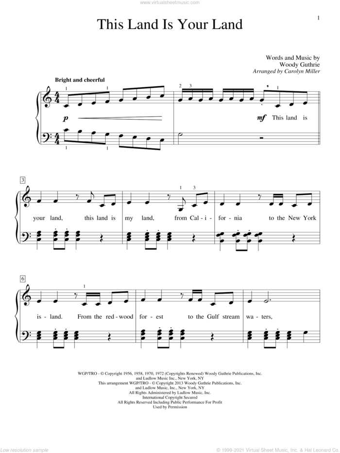 This Land Is Your Land sheet music for piano solo (elementary) by Carolyn Miller and Woody Guthrie, beginner piano (elementary)