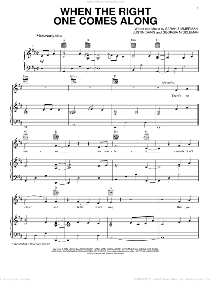 When The Right One Comes Along sheet music for voice, piano or guitar by Clare Bowen and Sam Palladio, Georgia Middleman, Justin Davis, Nashville (TV Show) and Sarah Zimmerman, intermediate skill level