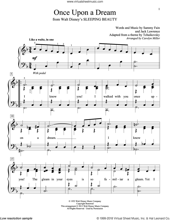 Once Upon A Dream (arr. Carolyn Miller) sheet music for piano solo (elementary) by Sammy Fain, Carolyn Miller and Jack Lawrence, beginner piano (elementary)