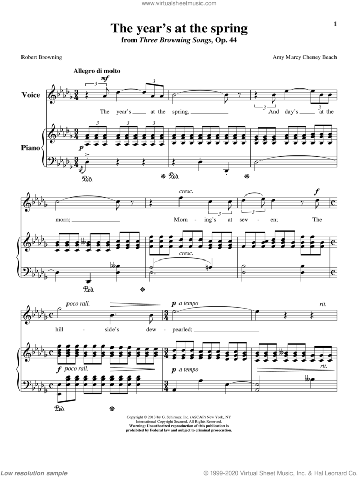 The Year's At The Spring sheet music for voice and piano (High Voice) by Amy Beach, intermediate skill level