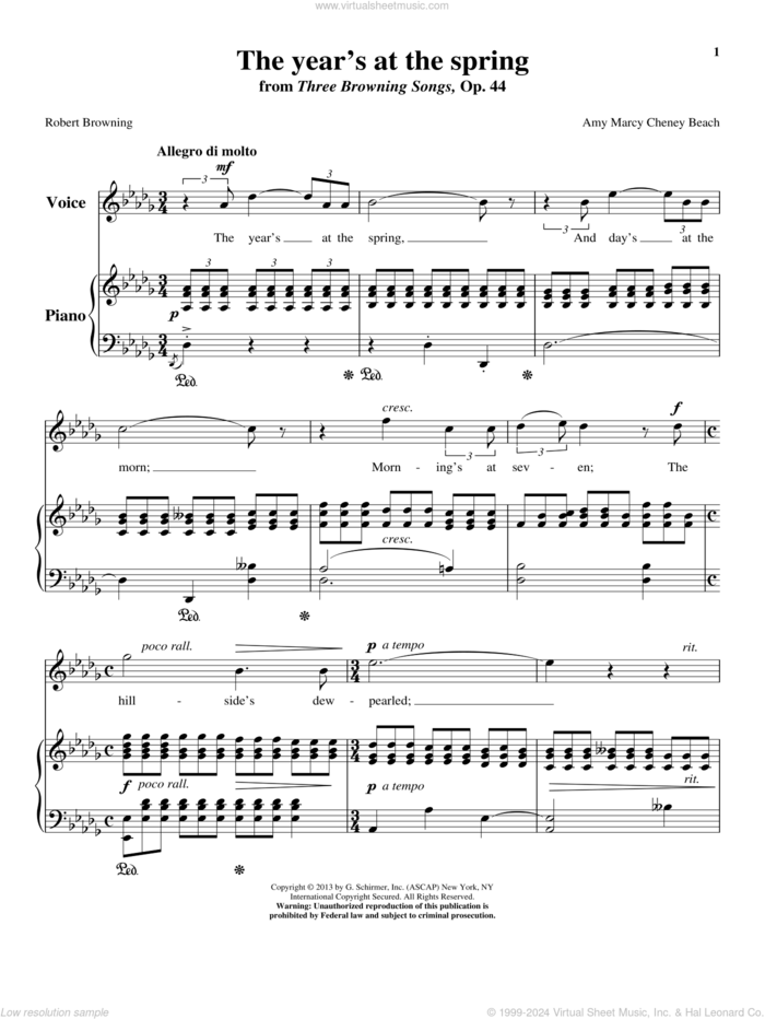 The Year's At The Spring sheet music for voice and piano (High Voice) by Amy Beach, intermediate skill level