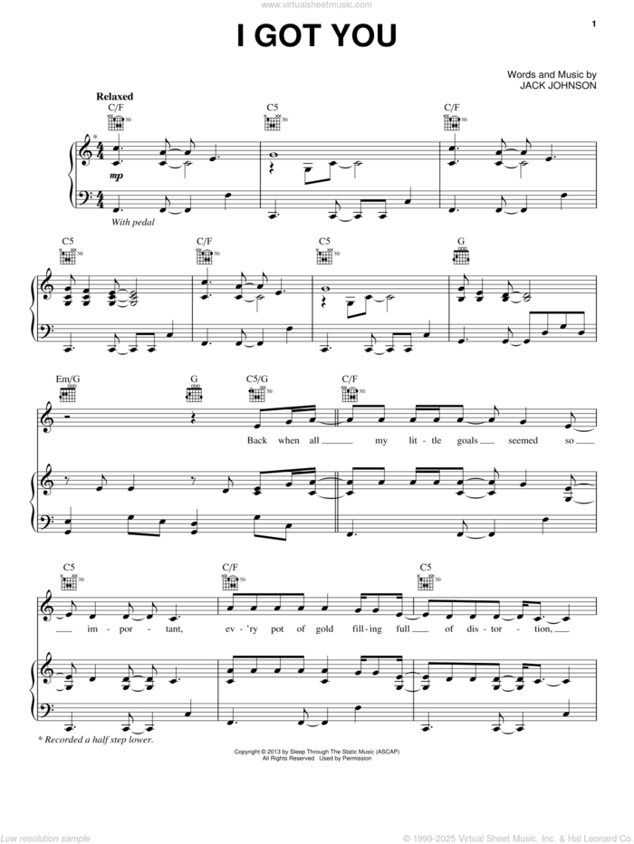 I Got You sheet music for voice, piano or guitar by Jack Johnson, intermediate skill level