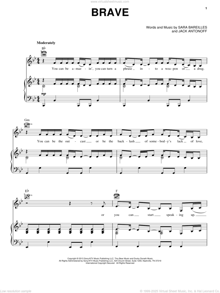 Brave sheet music for voice, piano or guitar by Sara Bareilles, intermediate skill level