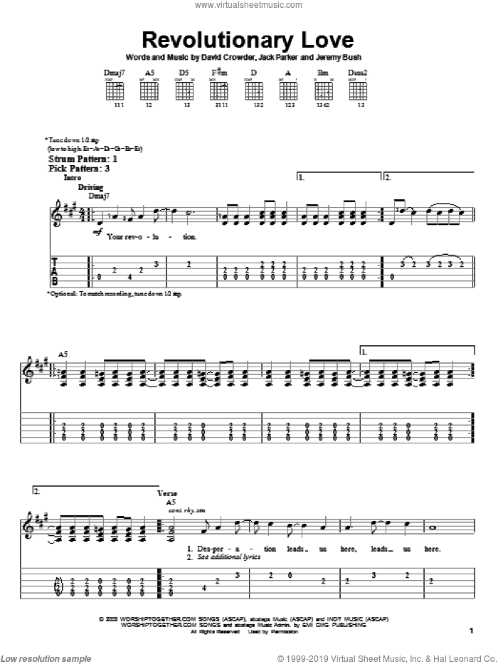 Revolutionary Love sheet music for guitar solo (easy tablature) by David Crowder Band, David Crowder, Jack Parker and Jeremy Bush, easy guitar (easy tablature)