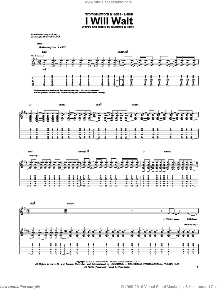 I Will Wait sheet music for guitar (tablature) by Mumford & Sons, intermediate skill level