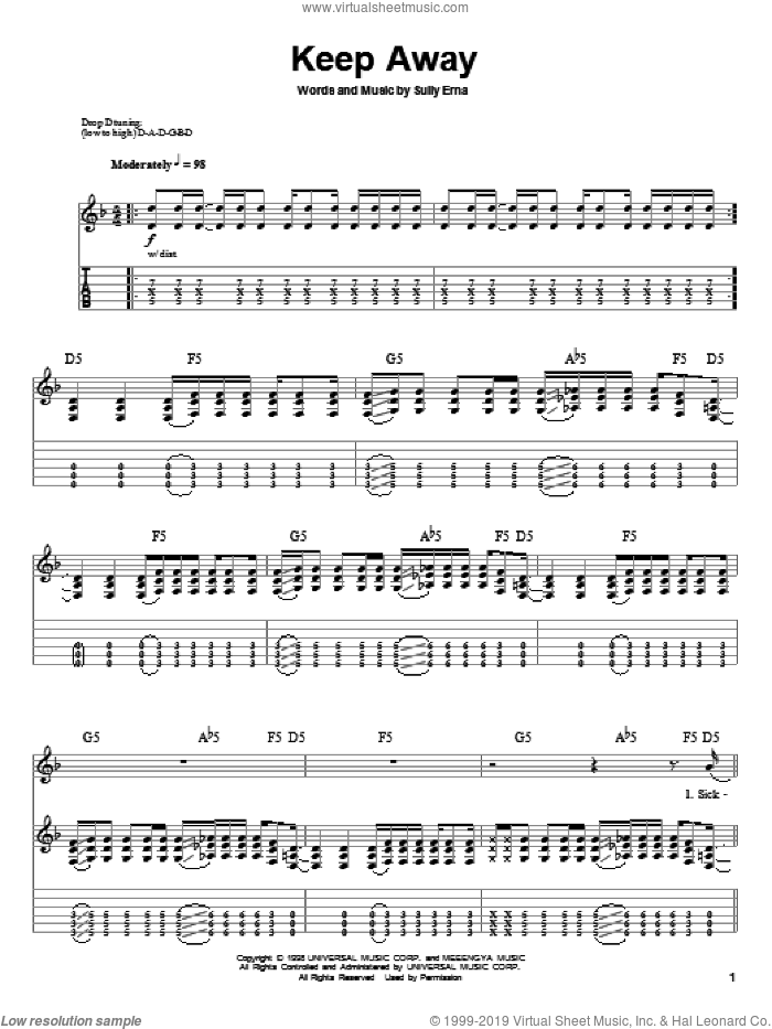 Keep Away sheet music for guitar (tablature, play-along) by Godsmack and Sully Erna, intermediate skill level