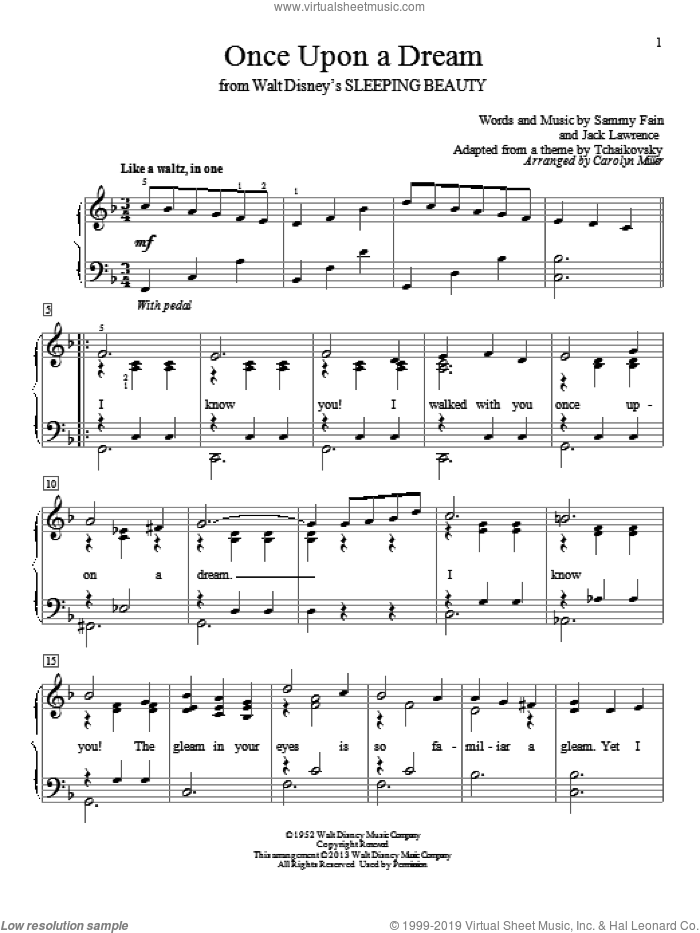 Once Upon A Dream sheet music for piano solo (elementary) by Sammy Fain, Carolyn Miller and Jack Lawrence, beginner piano (elementary)