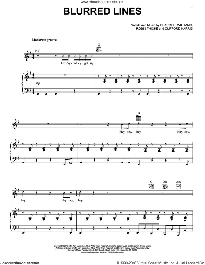 Blurred Lines sheet music for voice, piano or guitar by Robin Thicke and Pharrell Williams, intermediate skill level
