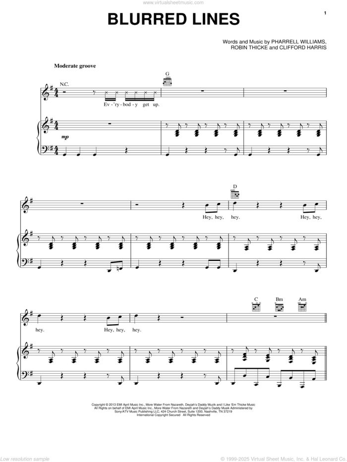 Blurred Lines sheet music for voice, piano or guitar by Robin Thicke and Pharrell Williams, intermediate skill level