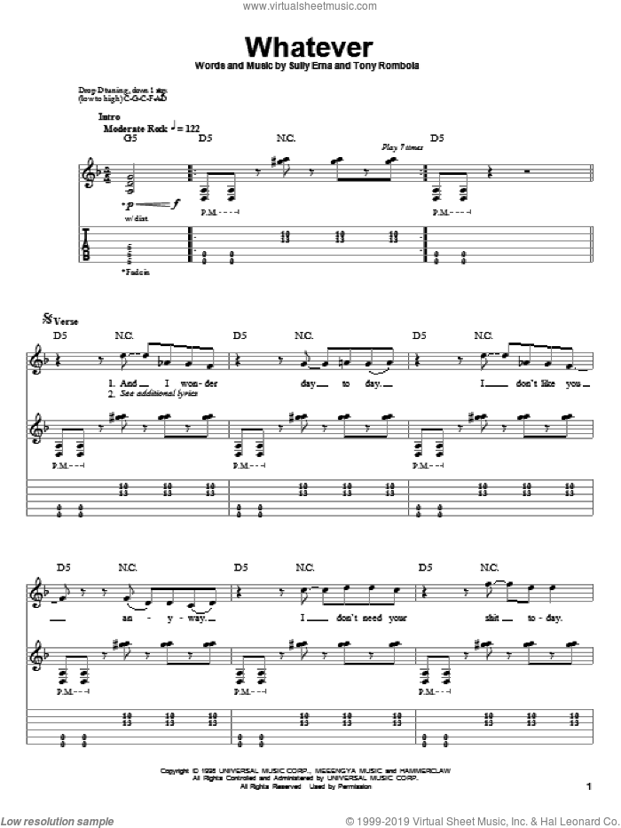 Whatever sheet music for guitar (tablature, play-along) by Godsmack, Sully Erna and Tony Rombola, intermediate skill level