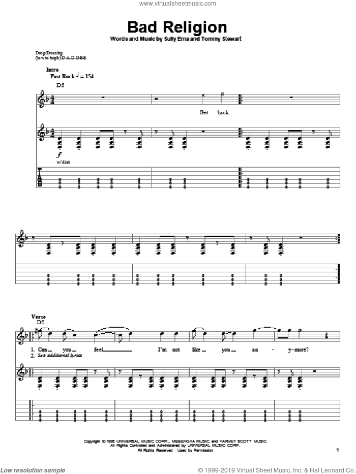 Bad Religion sheet music for guitar (tablature, play-along) by Godsmack, Sully Erna and Tommy Stewart, intermediate skill level