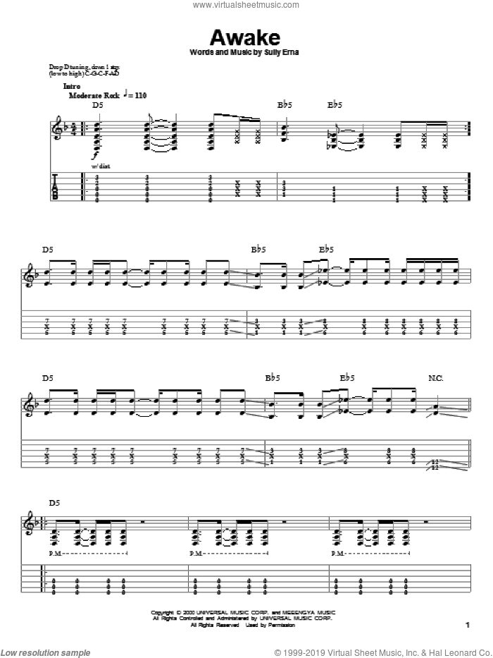 Awake sheet music for guitar (tablature, play-along) by Godsmack and Sully Erna, intermediate skill level