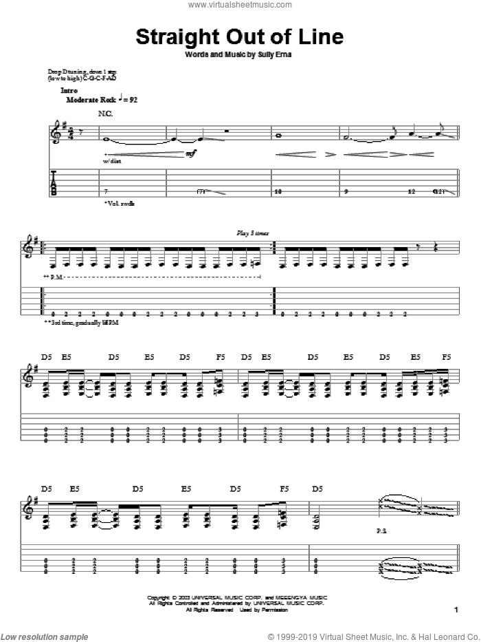 Straight Out Of Line sheet music for guitar (tablature, play-along) by Godsmack and Sully Erna, intermediate skill level