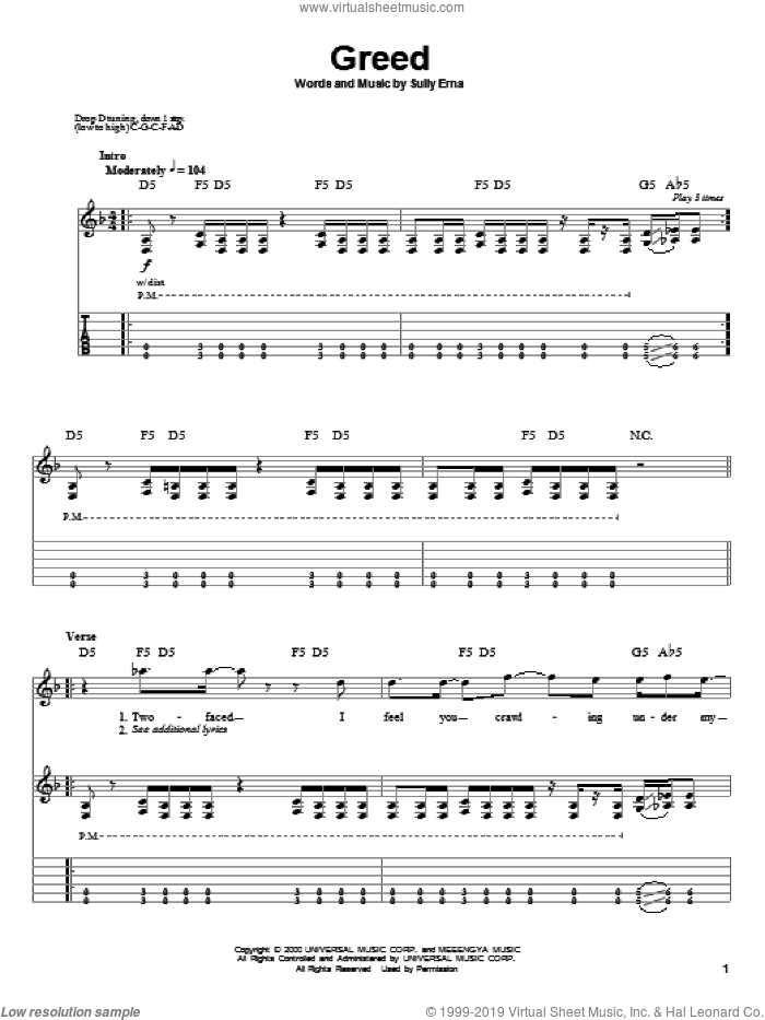 Greed sheet music for guitar (tablature, play-along) by Godsmack and Sully Erna, intermediate skill level