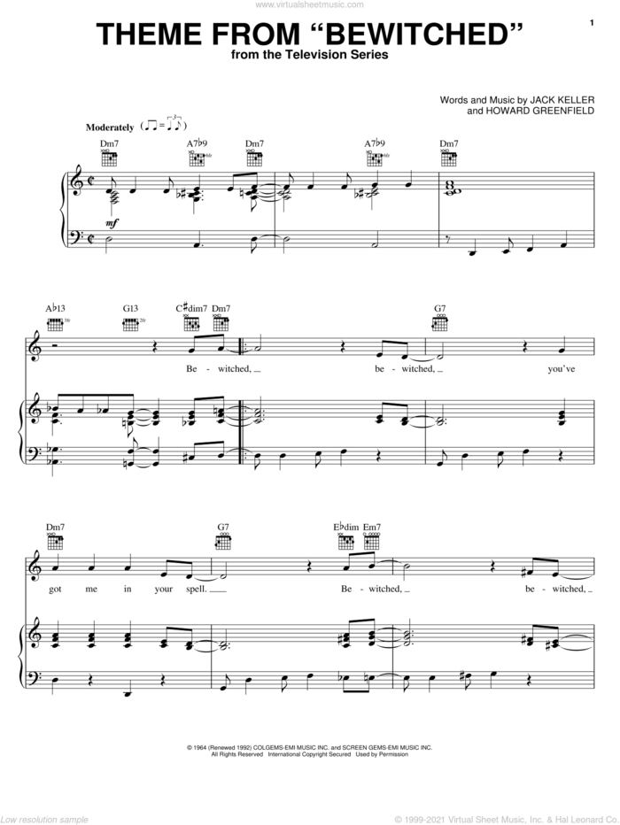 Theme from Bewitched sheet music for voice, piano or guitar by Howard Greenfield and Jack Keller, intermediate skill level