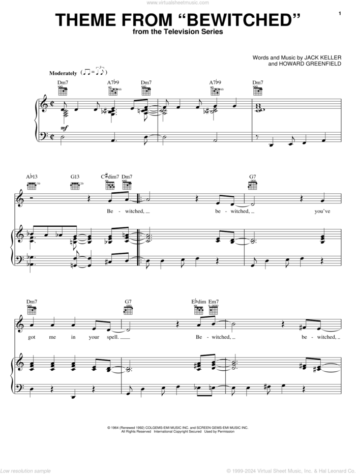 Theme from Bewitched sheet music for voice, piano or guitar by Howard Greenfield and Jack Keller, intermediate skill level