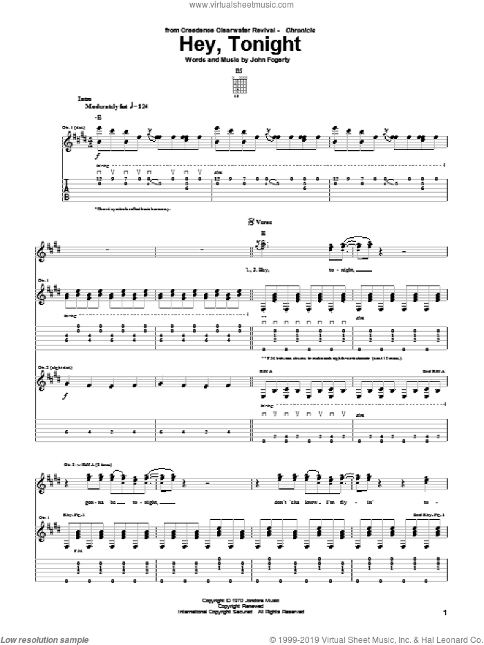 Hey, Tonight sheet music for guitar (tablature) by Creedence Clearwater Revival and John Fogerty, intermediate skill level