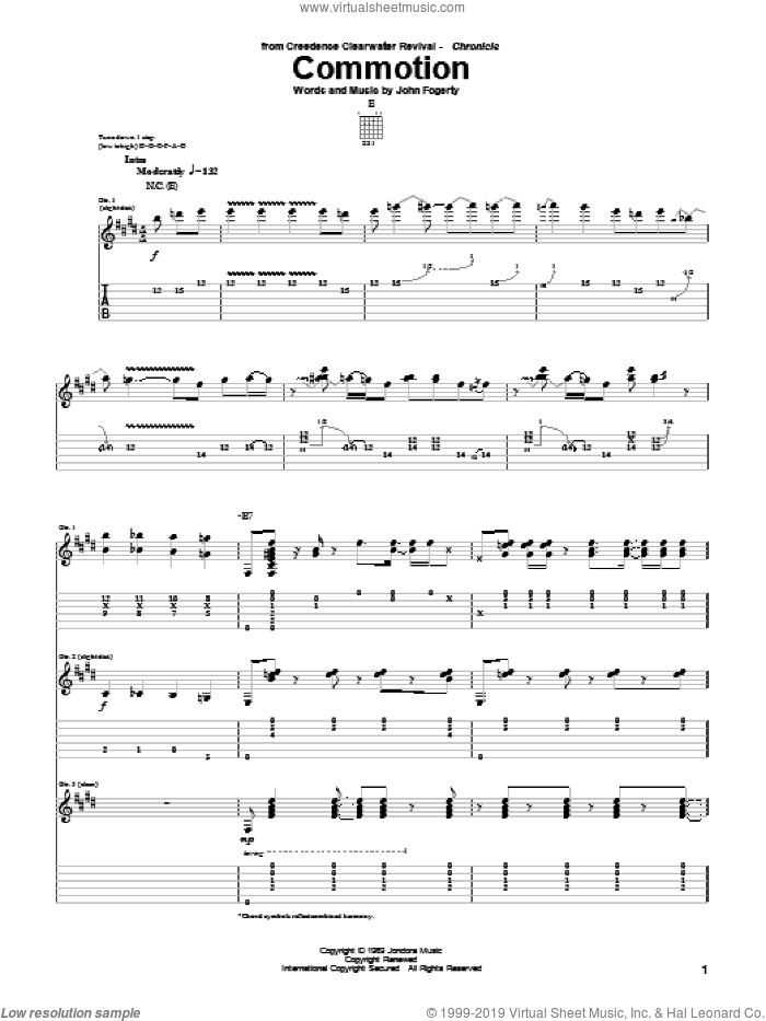 Commotion sheet music for guitar (tablature) by Creedence Clearwater Revival and John Fogerty, intermediate skill level