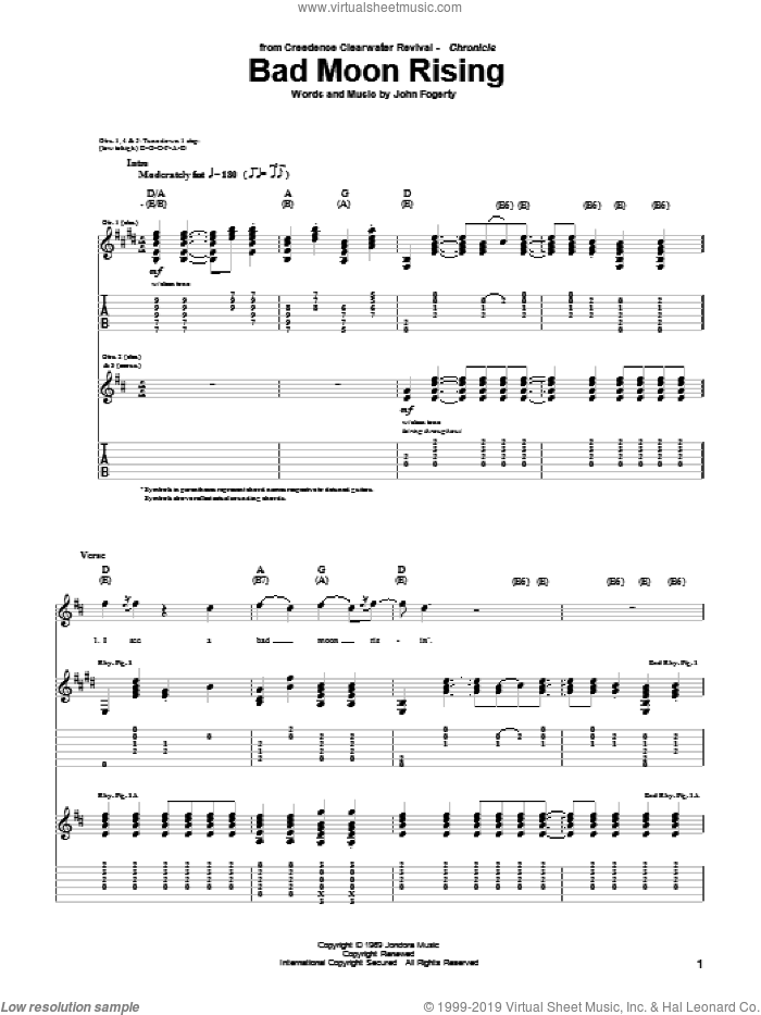 Bad Moon Rising sheet music for guitar (tablature) by Creedence Clearwater Revival and John Fogerty, intermediate skill level