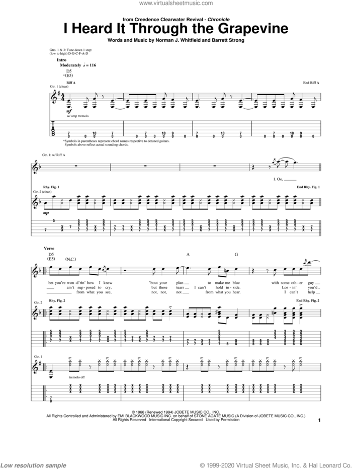 I Heard It Through The Grapevine sheet music for guitar (tablature) by Creedence Clearwater Revival, Gladys Knight & The Pips, Marvin Gaye, Michael McDonald, Barrett Strong and Norman Whitfield, intermediate skill level