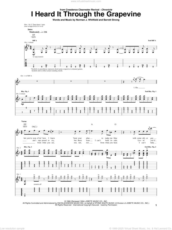 I Heard It Through The Grapevine sheet music for guitar (tablature) by Creedence Clearwater Revival, Gladys Knight & The Pips, Marvin Gaye, Michael McDonald, Barrett Strong and Norman Whitfield, intermediate skill level