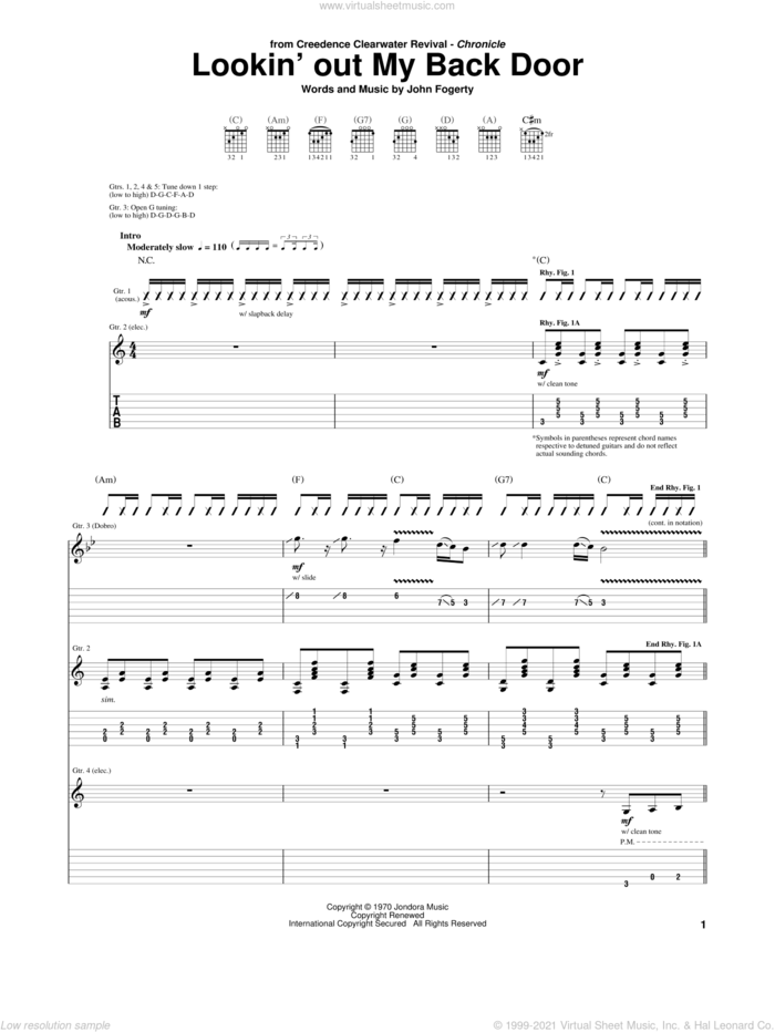 Lookin' Out My Back Door sheet music for guitar (tablature) by Creedence Clearwater Revival and John Fogerty, intermediate skill level