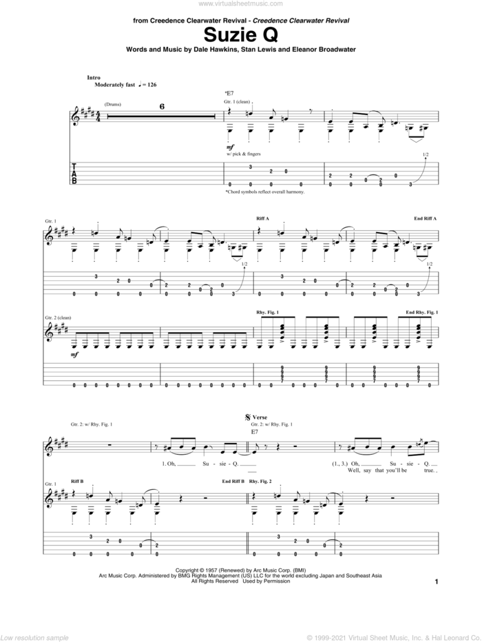 Susie-Q sheet music for guitar (tablature) by Creedence Clearwater Revival, Dale Hawkins, Eleanor Broadwater and Stan Lewis, intermediate skill level