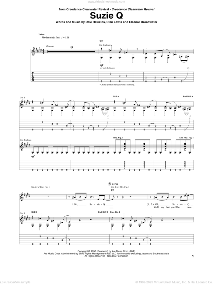 Susie-Q sheet music for guitar (tablature) by Creedence Clearwater Revival, Dale Hawkins, Eleanor Broadwater and Stan Lewis, intermediate skill level