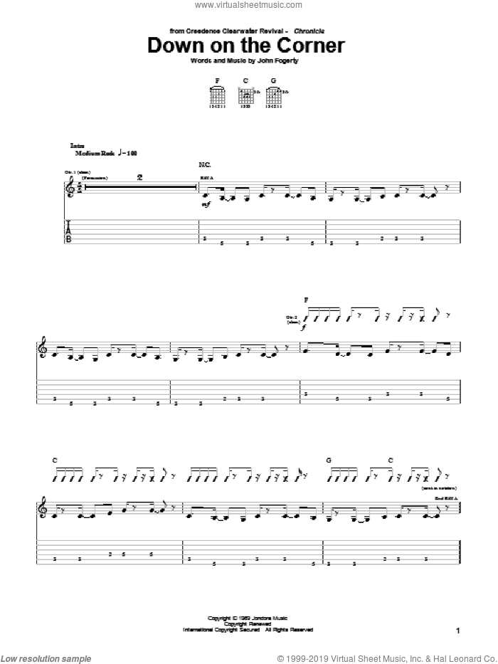 Down On The Corner sheet music for guitar (tablature) by Creedence Clearwater Revival and John Fogerty, intermediate skill level