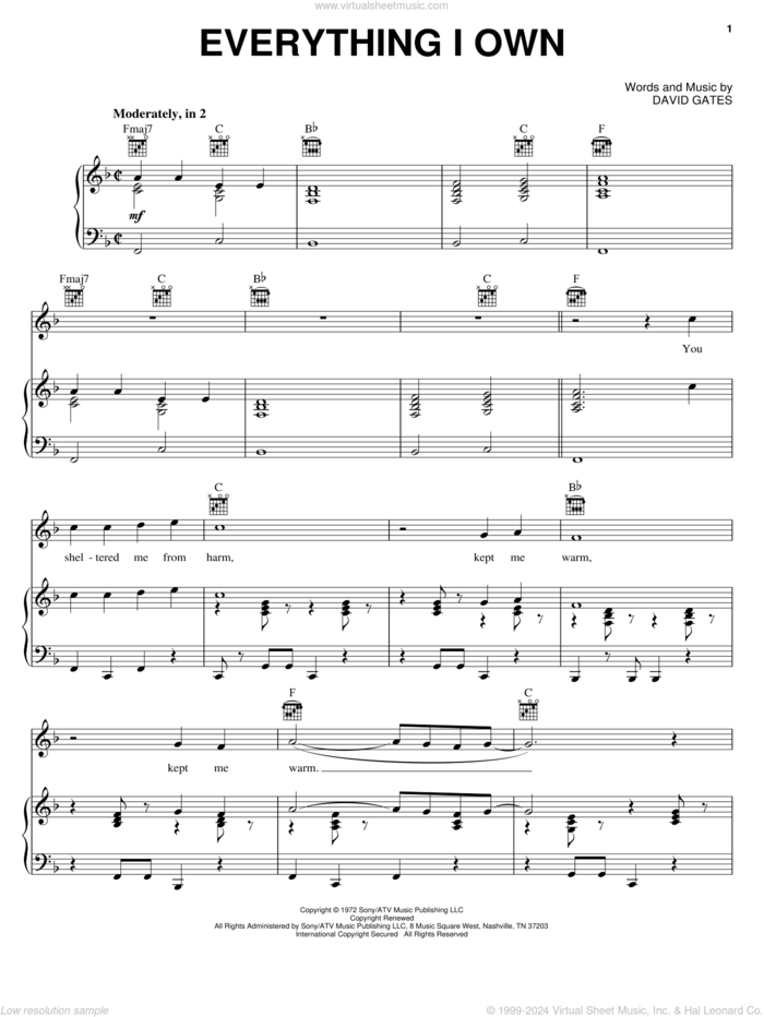 Everything I Own sheet music for voice, piano or guitar by Bread and David Gates, intermediate skill level