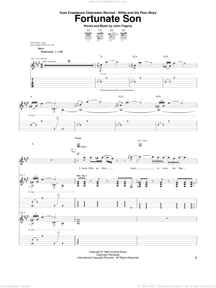 Fortunate Son sheet music for guitar (tablature) by Creedence Clearwater Revival and John Fogerty, intermediate skill level