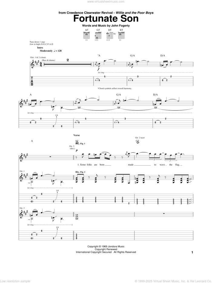 Fortunate Son sheet music for guitar (tablature) by Creedence Clearwater Revival and John Fogerty, intermediate skill level