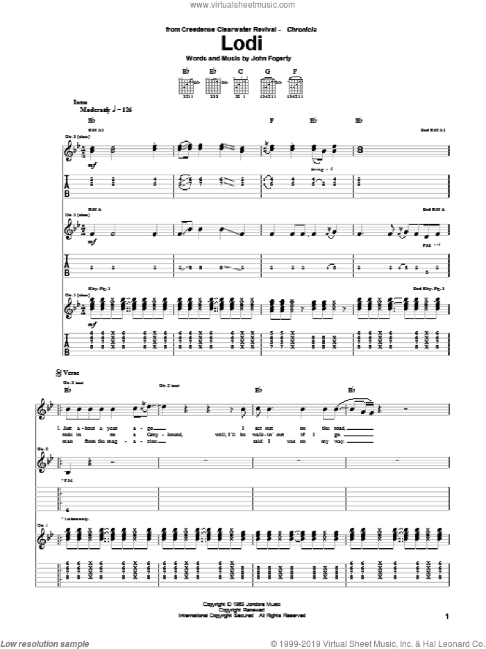 Lodi sheet music for guitar (tablature) by Creedence Clearwater Revival and John Fogerty, intermediate skill level