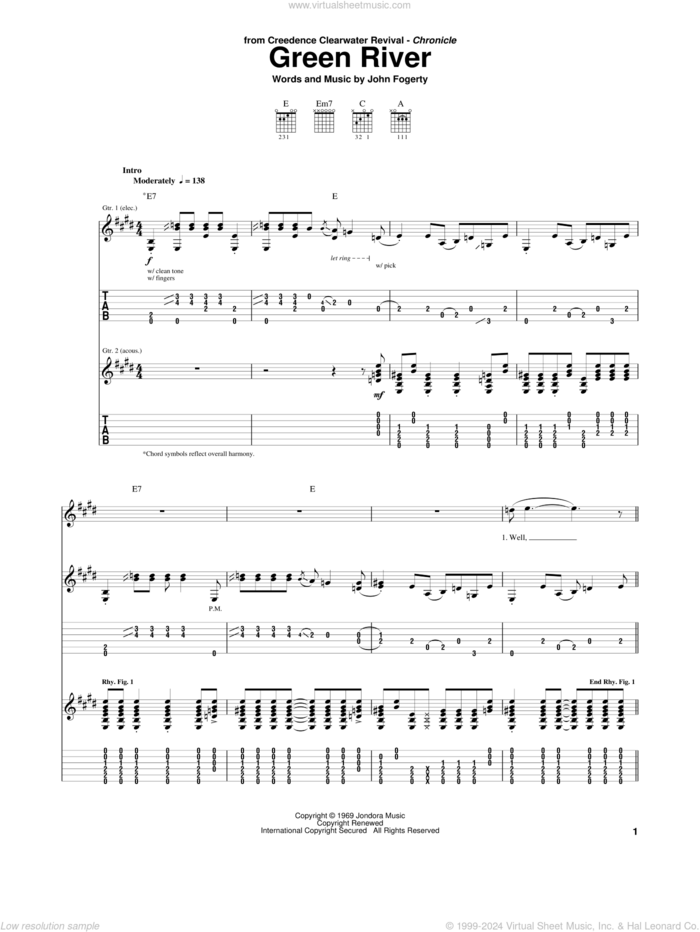 Green River sheet music for guitar (tablature) by Creedence Clearwater Revival and John Fogerty, intermediate skill level