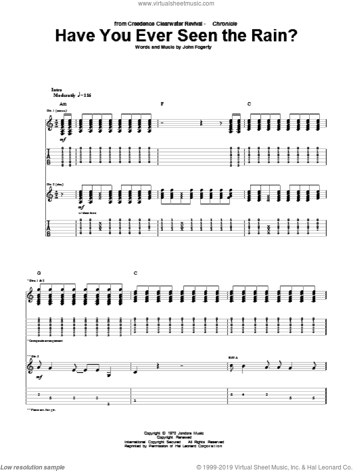 Have You Ever Seen The Rain? sheet music for guitar (tablature) by Creedence Clearwater Revival and John Fogerty, intermediate skill level