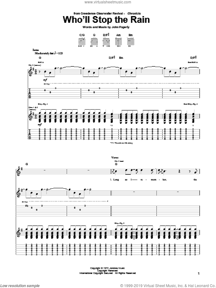 Who'll Stop The Rain sheet music for guitar (tablature) by Creedence Clearwater Revival and John Fogerty, intermediate skill level