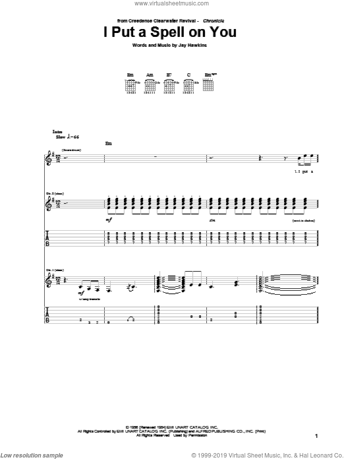 I Put A Spell On You sheet music for guitar (tablature) by Creedence Clearwater Revival and Jay Hawkins, intermediate skill level