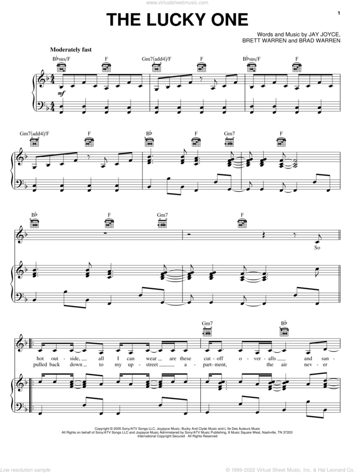 The Lucky One sheet music for voice, piano or guitar by Faith Hill, Brad Warren, Brett Warren and Jay Joyce, intermediate skill level
