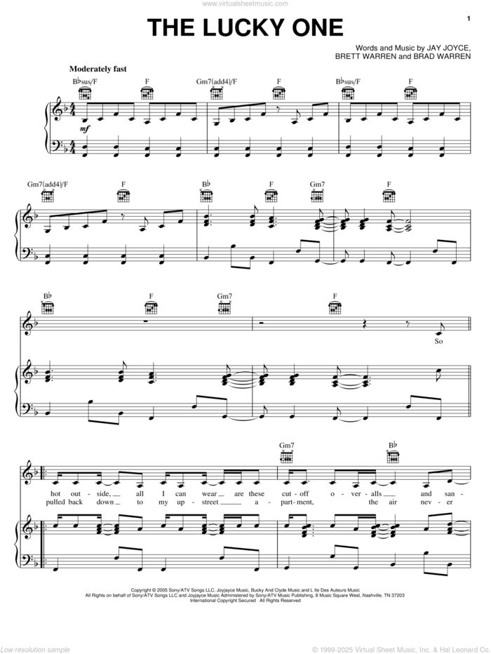 The Lucky One sheet music for voice, piano or guitar by Faith Hill, Brad Warren, Brett Warren and Jay Joyce, intermediate skill level