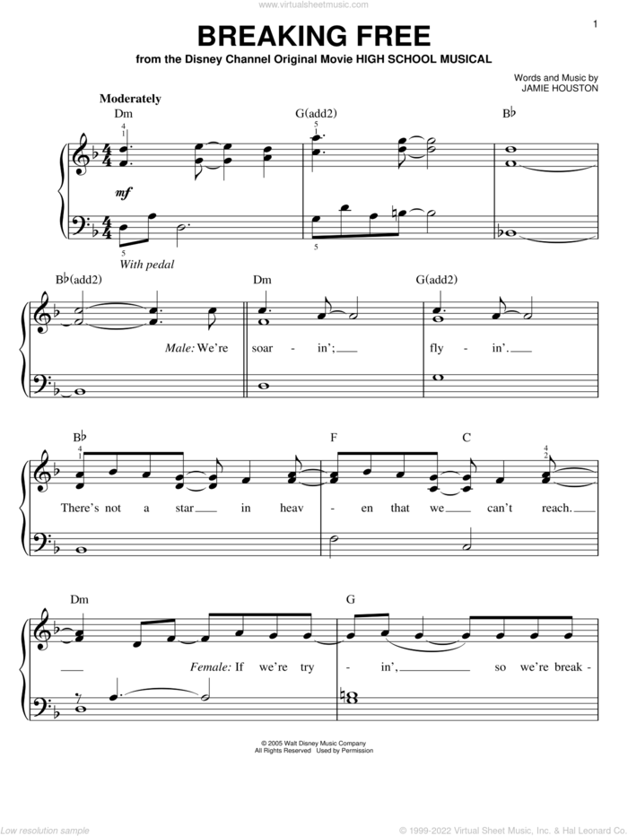 Breaking Free (from High School Musical) sheet music for piano solo by Jamie Houston, High School Musical and Zac Efron and Vanessa Anne Hudgens, easy skill level