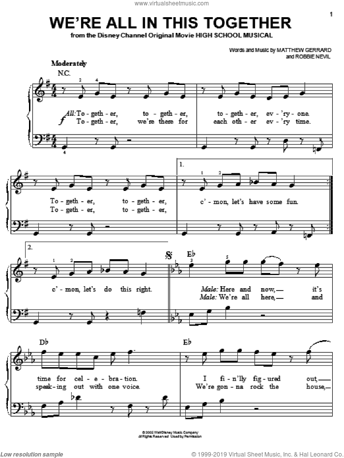 We're All In This Together (from High School Musical) sheet music for piano solo by High School Musical Cast, High School Musical, Matthew Gerrard and Robbie Nevil, easy skill level