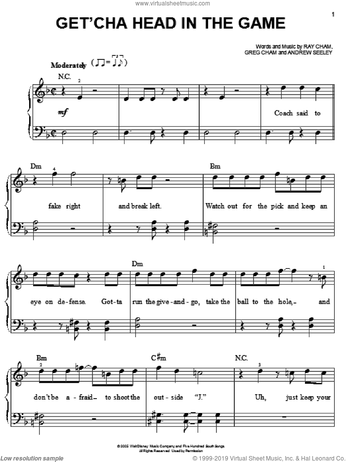 Get'cha Head In The Game (from High School Musical) sheet music for piano solo by Zac Efron, High School Musical, Andrew Seeley, Greg Cham and Ray Cham, easy skill level