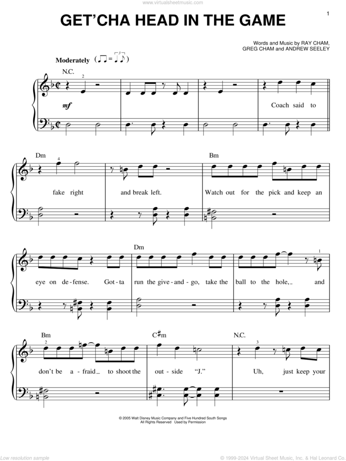 Get'cha Head In The Game (from High School Musical) sheet music for piano solo by Zac Efron, High School Musical, Andrew Seeley, Greg Cham and Ray Cham, easy skill level