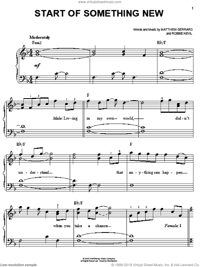 Start Of Something New, (easy) sheet music for piano solo by High School Musical, Matthew Gerrard and Robbie Nevil, easy skill level